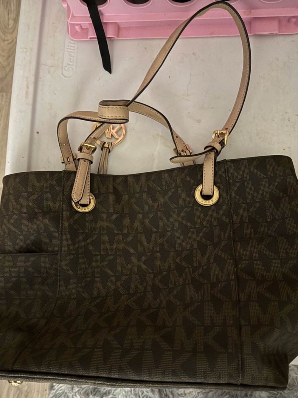 Michael Kors Brown Tote with Beige Straps and Gold MK Charm
